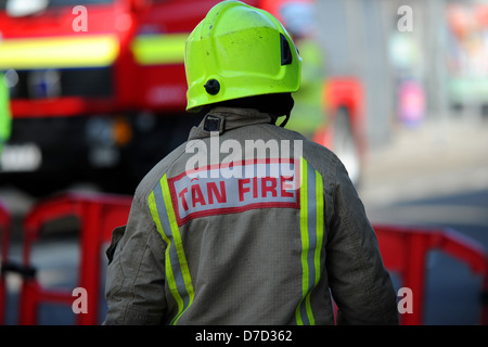 Welsh fireman at the scene of a fire. Stock Photo