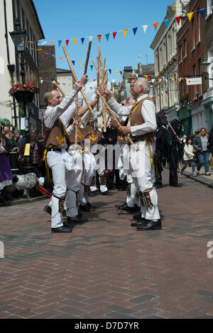 Rochester, Kent, UK. 4th May 2013. Festival of traditional English folk dancing. It encompasses all genresincluding Morris, North West Clog and others. The tradition goes back over 400 years but was revived in Rochester by a local businessman Gordon Newton in 1980. Originally it was a traditional holiday for chimney sweeps who who would parade and dance through the town. Credit:  Allsorts Stock Photo / Alamy Live News Stock Photo