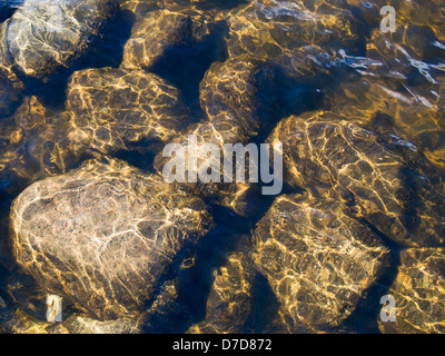 Reflected sun light through water on stones in riverbed Stock Photo