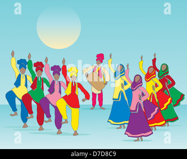 an illustration of a Punjabi folk dance with men and women in traditional dress and musician on a blue green background Stock Photo