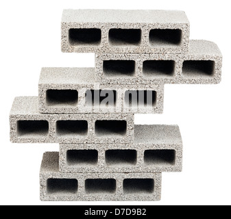 Six gray concrete construction blocks (a.k.a. cinder block breeze block cement block foundation block besser block; Stock Photo