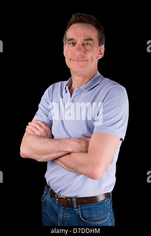 Portrait of Smiling Happy Middle Age Man Arms Folded Black Background Stock Photo