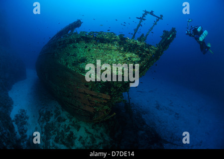 Scuba Diver at Vassilios Wreck, Vis, Adriatic Sea, Croatia Stock Photo