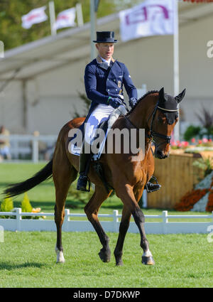 Badminton, UK. 4th May, 2013. World and European Champion Michael Jung of Germany and his horse LA BIOSTHETIQUE - SAM FRW lead after the Dressage phase of the Mitsubishi Motors Badminton Horse Trials, Saturday May 4th 2013 Stock Photo