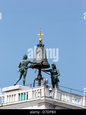 St Marks clock tower closeup showing the bell and Moors figures that ring the bel Stock Photo