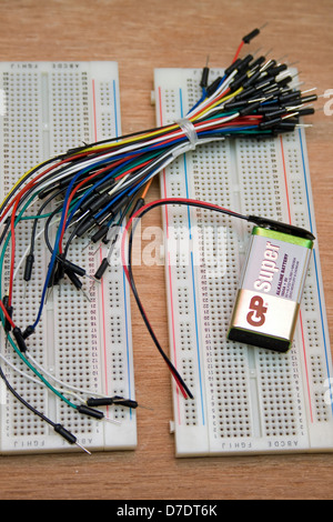 electronic jumper wires and solder-less breadboards with 9 volt battery. Stock Photo