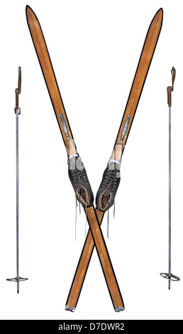 Old wooden skis and leather boots isolated on white background Stock Photo