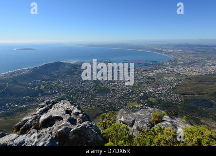 View of city  of Cape Town from Table Mountain showing the City bowl and Table Bay with Robben Island in the distance Stock Photo