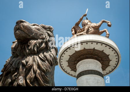 Statue of Alexander the Great with statue of lion in front of it, in Skopje, Macedonia (FYROM) Stock Photo