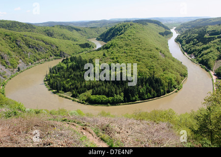 saarschleife the river saar turn around the hill by city Orscholz in Saarland Germany Stock Photo