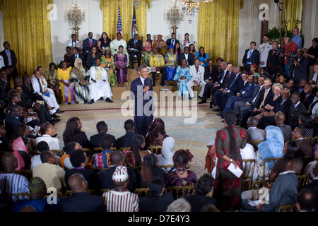 US President Barack Obama hosts a Town Hall in the East Room of the White House as part of his Forum with Young African Leaders, Aug. 3, 2010. Stock Photo