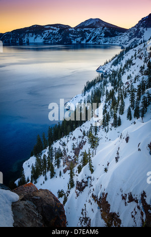 Crater Lake National Park, located in southern Oregon, during winter Stock Photo
