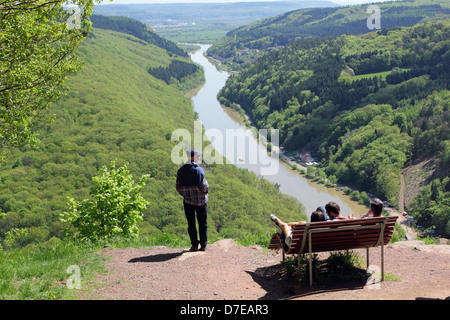 tourists on the saarschleife,saarschleife the river saar turn around the hill .By City Orscholz in Saarland Germany Stock Photo