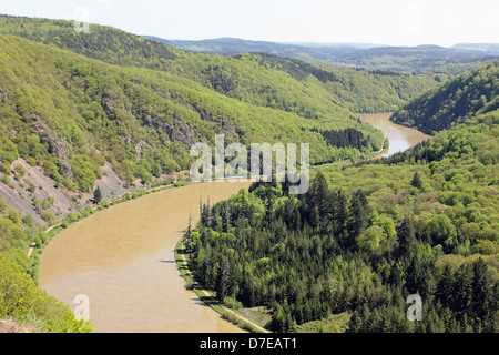 saarschleife the river saar turn around the hill  by City Orscholz in Saarland Germany Stock Photo