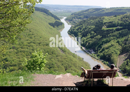 tourists on the saarschleife,saarschleife the river saar turn around the hill .By City Orscholz in Saarland Germany Stock Photo