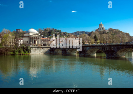 Italy Piemonte Torino piazza della Gran Madre Church of the Gran madre, stone bridge and the river Po