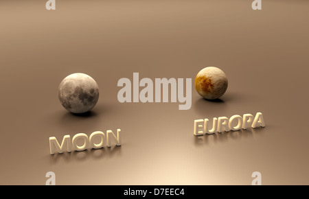 A rendered size comparison of the Jupiter Moon Europa and the Earth Moon with captions. Stock Photo