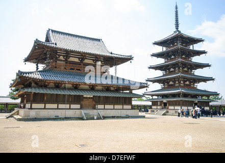 Horyu-ji Temple, near Nara, Japan. These two buildings are said to be two of the oldest wooden buildings in the world. Stock Photo