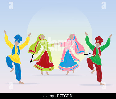 an illustration of Punjabi dancers performing a folk dance in traditional dress on a blue background with a big sun Stock Photo