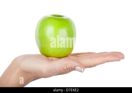Green apple on hand, diet concept