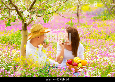 Happy couple on picnic in beautiful blooming garden, eating healthy organic food, romantic date, summer holiday and vacation Stock Photo
