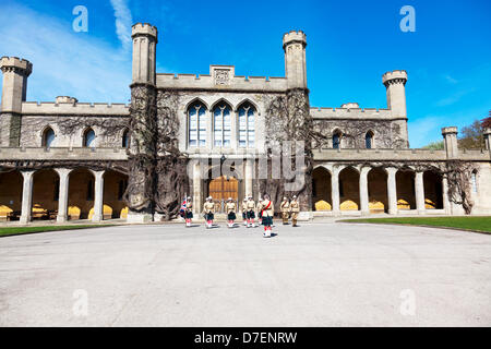 Lincoln, UK. 6th May, 2013. Victorian Weekend at Lincoln Castle in Lincolnshire Uk. People dressed in traditional Victorian The Home Guard (initially 'Local Defence Volunteers' or LDV) was a defense organisation of the British Army during the Second World War. of the era soldier carrying musket Credit: Paul Thompson/Alamy Live News Stock Photo