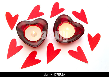 heart shaped candles on a white background Stock Photo