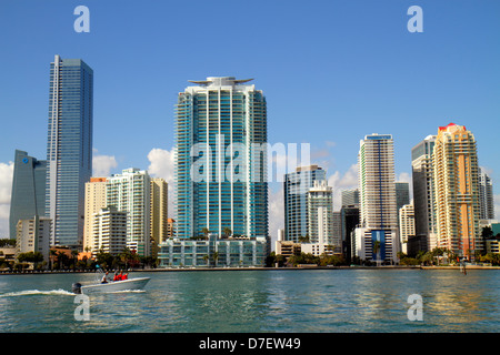 Miami Florida,Biscayne Bay water,city skyline cityscape,Brickell Avenue,water,skyscrapers,high rise skyscraper skyscrapers building buildings condomin Stock Photo