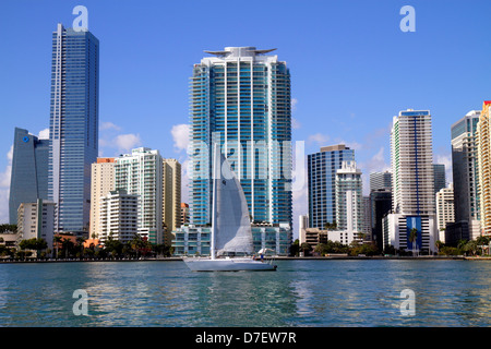 Miami Florida,Biscayne Bay,city skyline,Brickell Avenue,water,skyscrapers,high rise skyscraper skyscrapers building buildings condominium residential Stock Photo