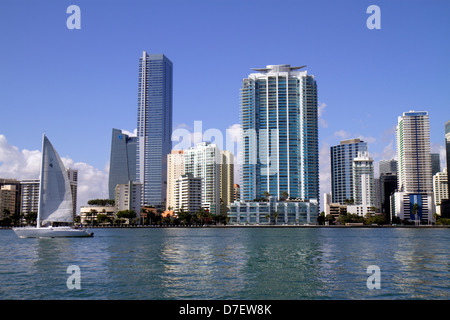 Miami Florida,Biscayne Bay water,city skyline cityscape,Brickell Avenue,water,skyscrapers,high rise skyscraper skyscrapers building buildings condomin Stock Photo