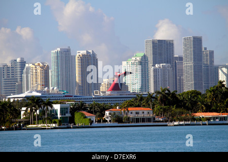 Miami Beach Florida,Biscayne Bay,city,skyline,skyscrapers,buildings,city skyline,water,Star Island,cruise ship,Carnival Cruise Lines,high rise skyscra Stock Photo