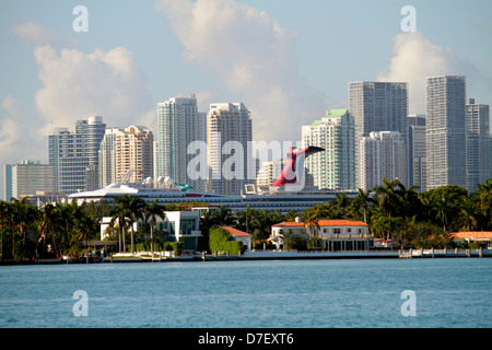 Miami Beach Florida,Biscayne Bay,city,skyline,skyscrapers,buildings,city skyline,water,Star Island,cruise ship,Carnival Cruise Lines,high rise skyscra Stock Photo