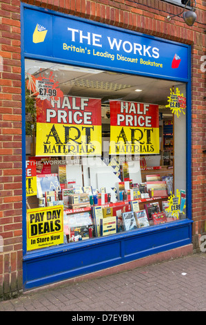 Display of artists materials displayed in the window of a branch of The Works discount book shop Stock Photo