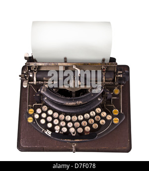 Retro vintage typewriter with blank paper template isolated on white background Stock Photo