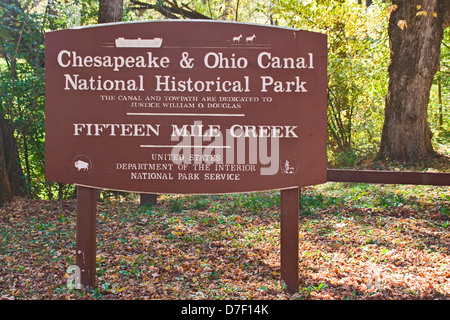 Chesapeake & Ohio Canal National Historic Park at Fifteen Mile Creek sign. Stock Photo