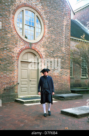 Benjamin Franklin impersonator in court yard Bruton Parish Church Williamsburg Virginia, Stock Photo