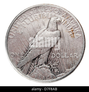 Frontal view reverse (tails) side silver dollar minted in 1925 known by name 'Peace Dollar'. Depicted is Bald Eagle at rest Stock Photo