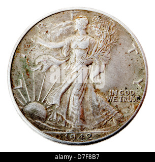 Frontal view reverse (tails) side silver half Dollar minted in 1942. Depicted is Lady Liberty walking holding branches United Stock Photo