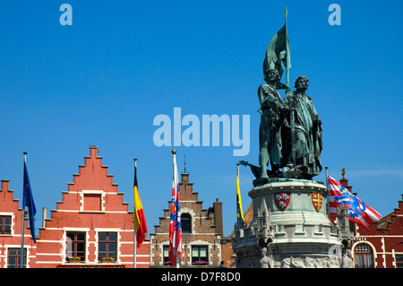 Statue of folk heroes Jan Breydel and Pieter de Coninck on the Grote Markt, Market square in the historic site of Bruges Stock Photo