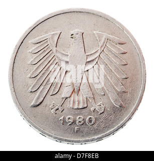 Frontal view reverse (tails) side a 5 Deutsche Mark (DM) coin minted in 1980. Depicted is German coat arms - German eagle. Stock Photo