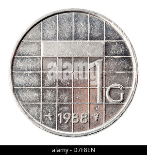 Frontal view reverse (tails) side a Dutch 1 Gulden (fl) coin minted in 1988. Depicted is coin's denomination year. Gulden was Stock Photo