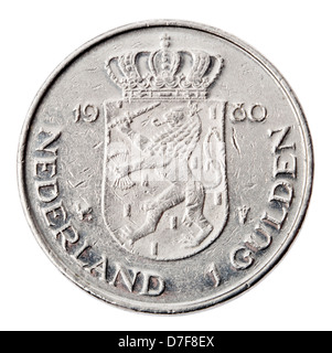 Frontal view reverse (tails) side a Dutch 1 Gulden (fl) coin minted in 1980. Depicted is Netherland's coat arms coin's Stock Photo