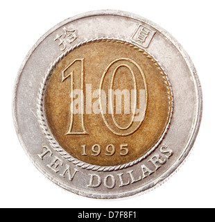 Frontal view reverse (tails) side 10 Hong Kong Dollar coin minted in 1995. Depicted is denomination year minting. Isolated on Stock Photo