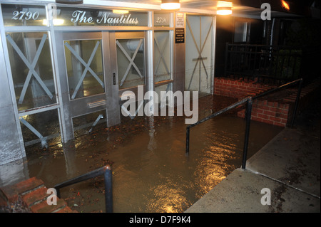 BROOKLYN, NY - OCTOBER 29: Flooded cars, caused by Hurricane Sandy, are seen on October 29, 2012, in the corner of Bragg street Stock Photo