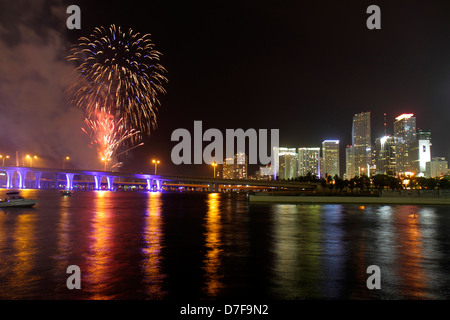Miami Florida,Government Cut,Biscayne Bay,water,night,downtown city skyline Port Boulevard Bridge,July Fourth 4th fireworks,burst,reflection,FL1207080 Stock Photo