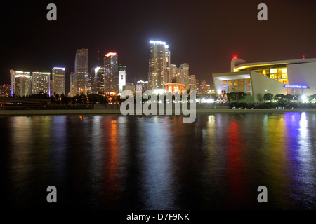 Miami Florida,Government Cut,Biscayne Bay,water,night,downtown city skyline,American Airlines Arena,FL120708099 Stock Photo