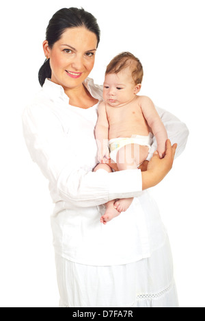 Smiling mother holding newborn baby isolated on white background Stock Photo
