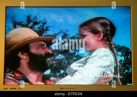 Miami Beach Florida,television,set,TV,flat screen,monitor,Little House on the Prairie,actor,actress,Isaiah Edwards,Victor French,Melissa Gilbert,Laura Stock Photo