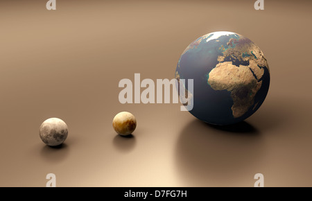 A rendered size comparison of the Jupiter Moon Europa the Moon and Planet Earth. Stock Photo