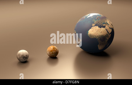 A rendered size comparison of the Jupiter Moon Io the Moon and Planet Earth. Stock Photo